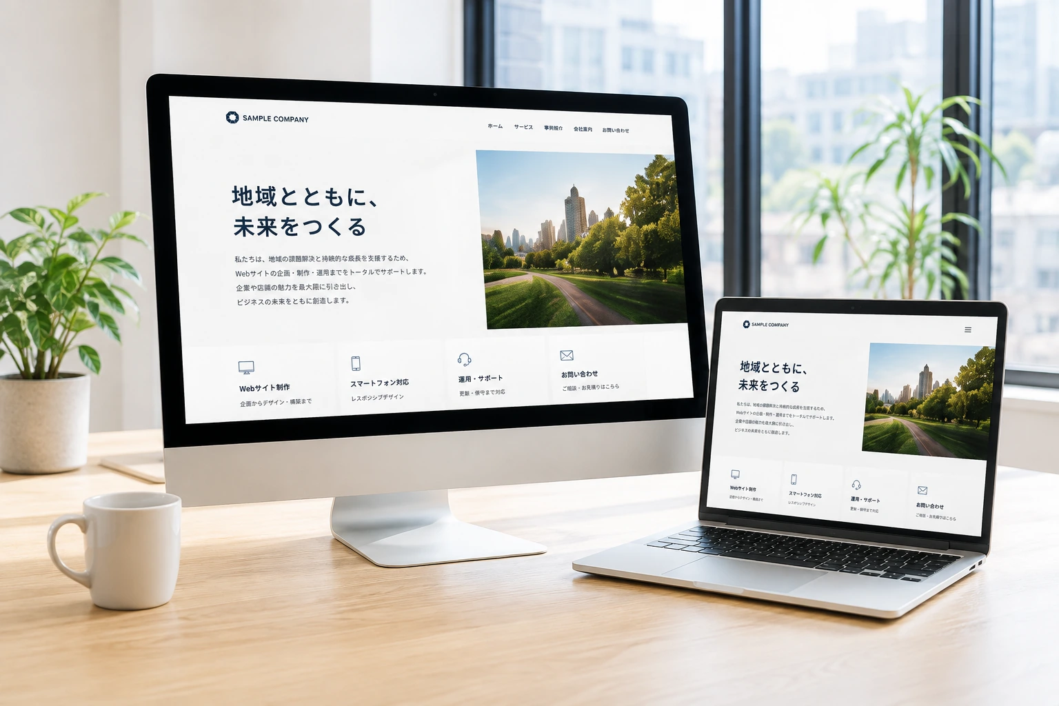 パソコンとスマートフォンに表示されたホームページ