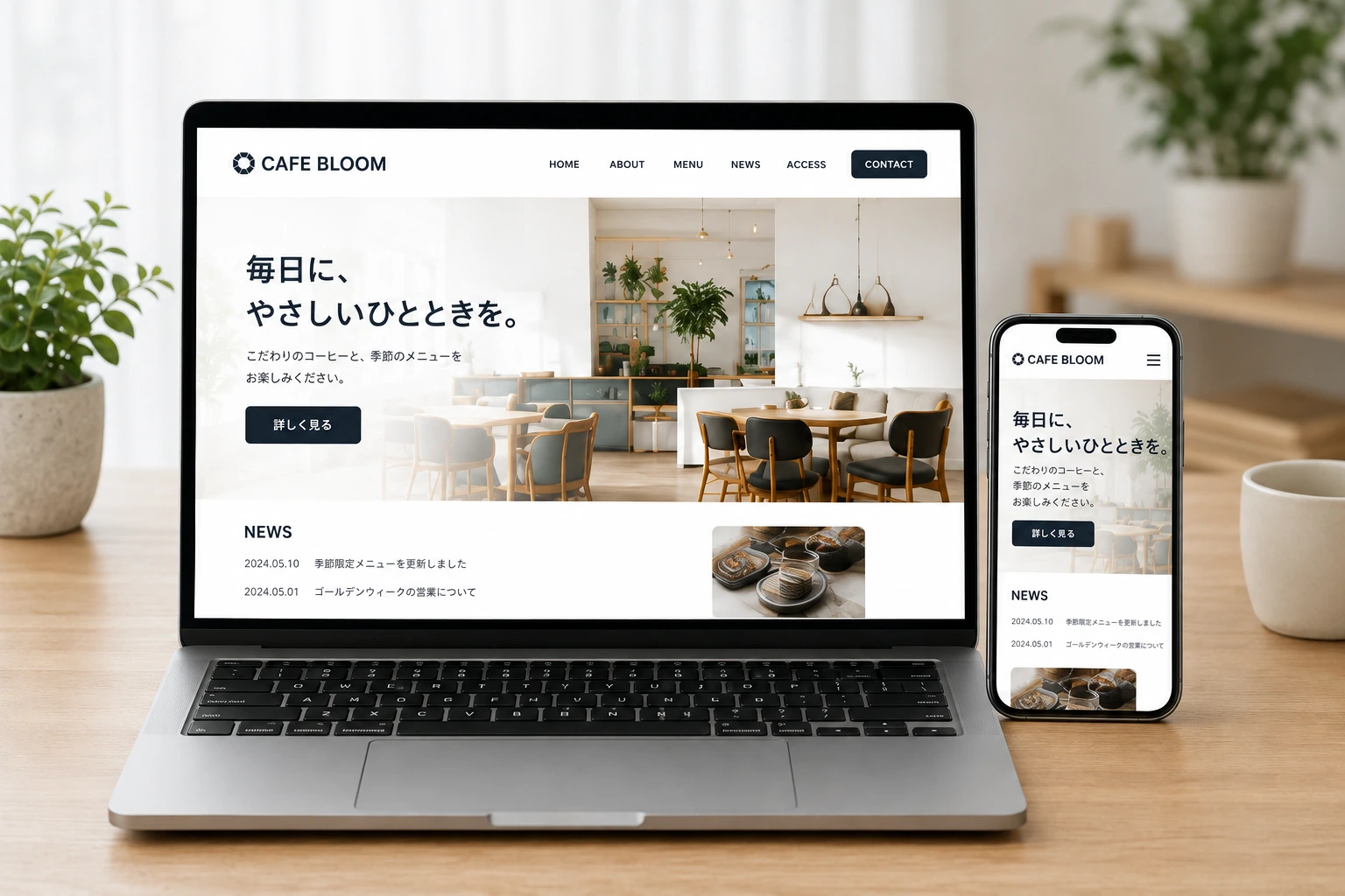 パソコンとスマートフォンに表示されたホームページ